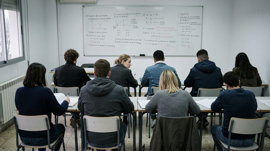 Alumnos adultos de espaldas en un aula de academia