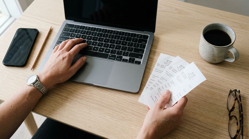 Recibos impresos y un teclado sobre una mesa de trabajo
